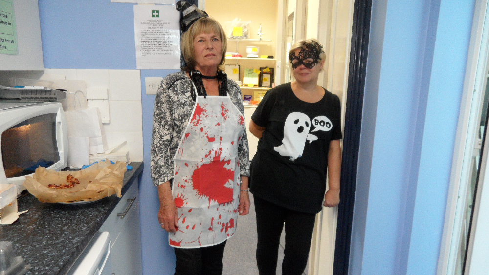 Frances and Dawn, two of SSW's volunteers, dressed up for Halloween